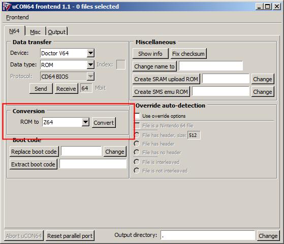 uCON64 frontend, showing the N64 tab.
The Conversion option is found on the left side of the dialog, about halfway down.