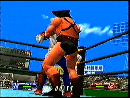 VPW2 development screenshot from AKI Corporation's homepage showing Kawasaki Stadium with a daytime sky and clouds.