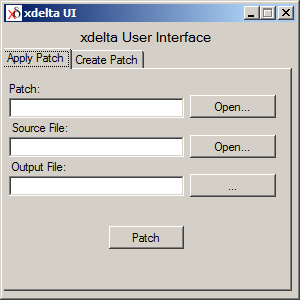 The xdeltaui user interface, on the 'Apply Patch' tab
by default. There are three text boxes labeled 'Patch', 'Source File', and 'Output File'.
Buttons sit next to these text boxes, each of which leads to an Open File Dialog
(or in the case of the Output File, a Save File Dialog). There is a 'Patch' button
at the bottom of the dialog.